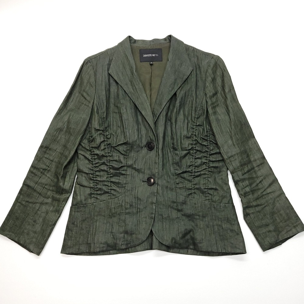 Lafayette 148 Blazer Women 8 Green Waxed Linenโ Ruched Fitted Jacket Career
